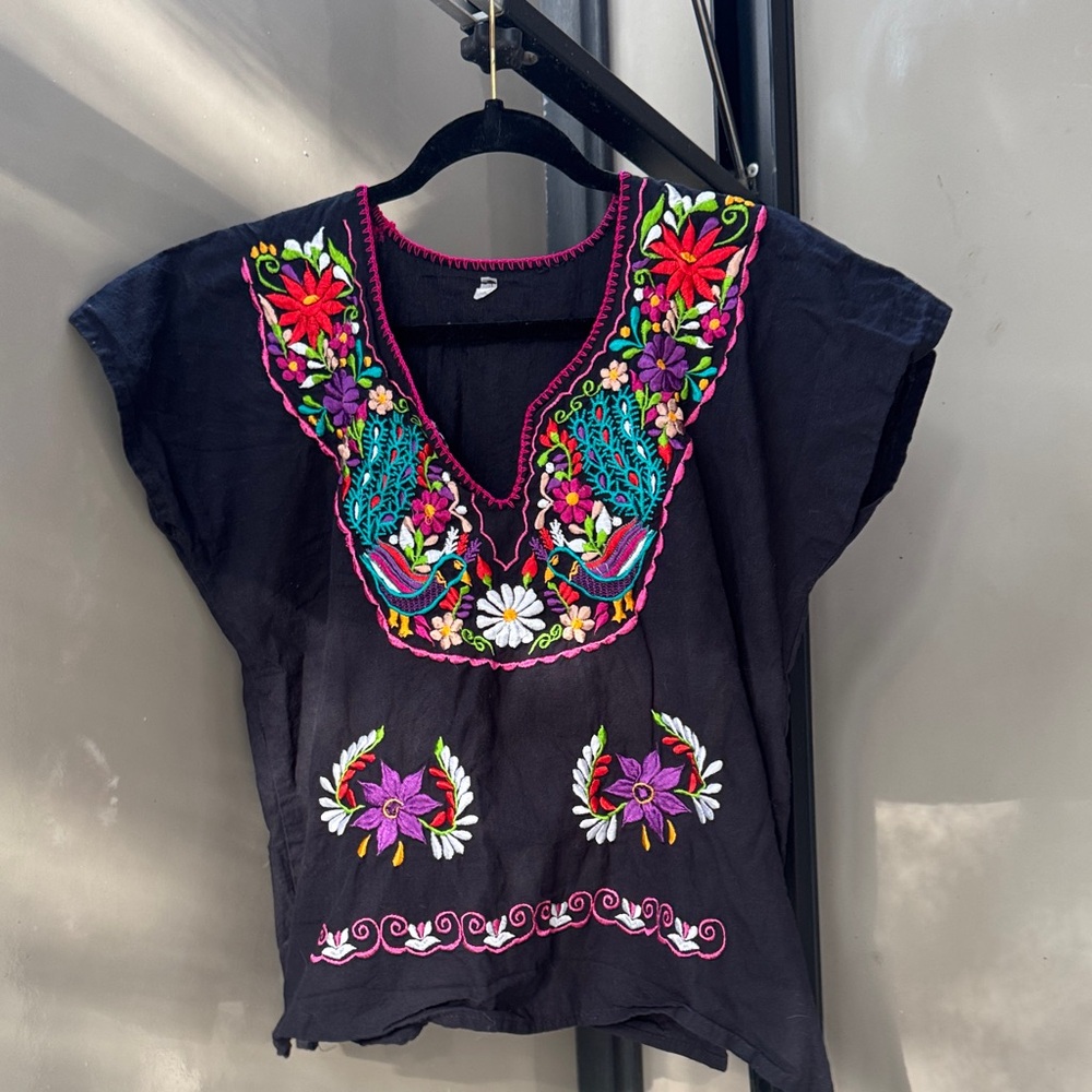 Black Embroidered Mexican Peasant Top with Colorful Floral Detail